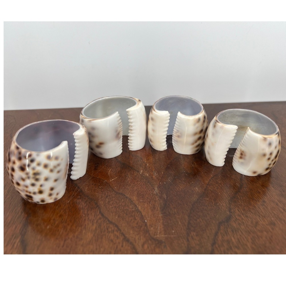 Tiger Cowrie Shell Napkin Rings Natural Coastal Table Decor Brown Cream Set of 4 - Picture 4 of 6